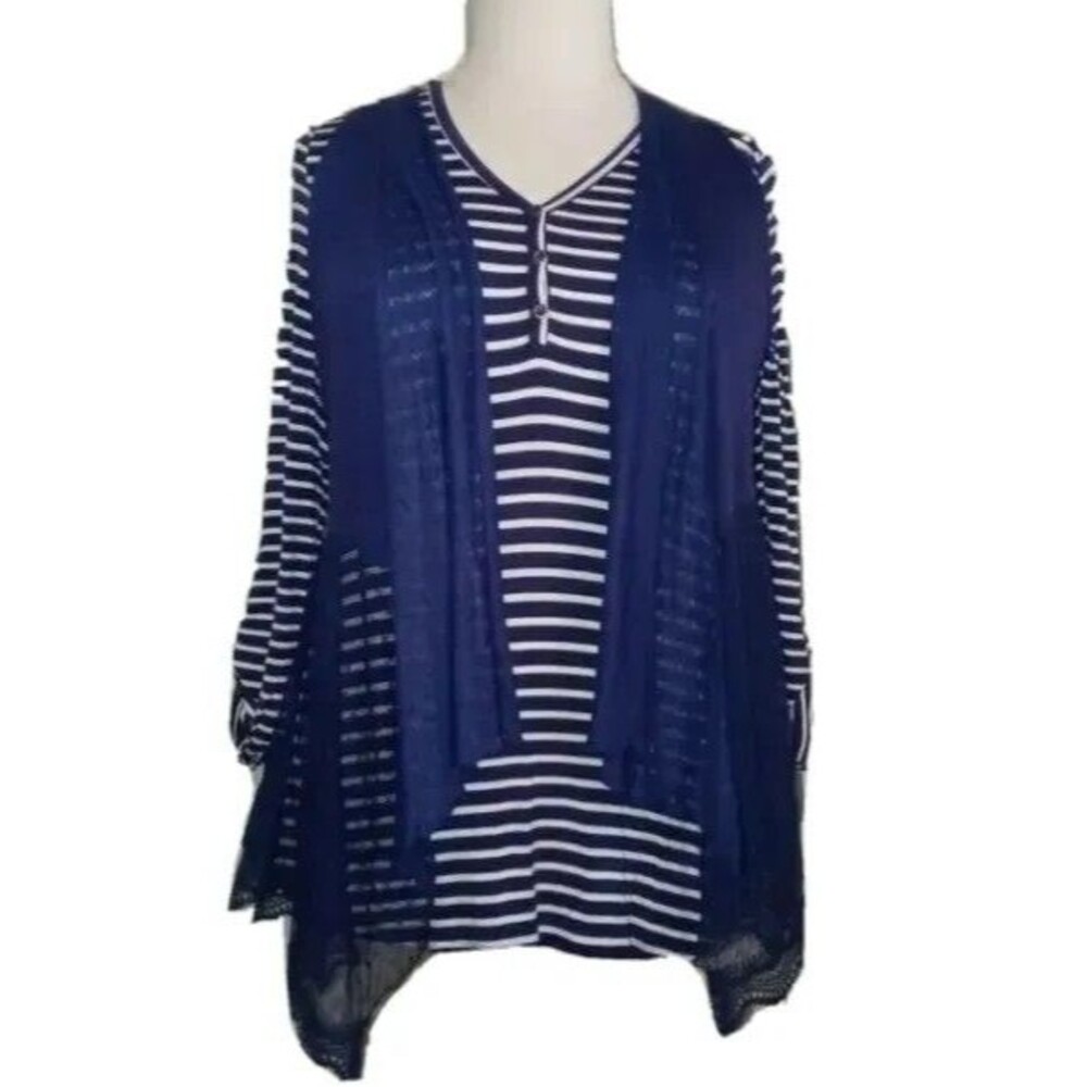 NWT TRUE SELF Womens XL 2Fer Stripes Lace Overlay Nautical Long Sleeve Top Navy - Picture 4 of 16